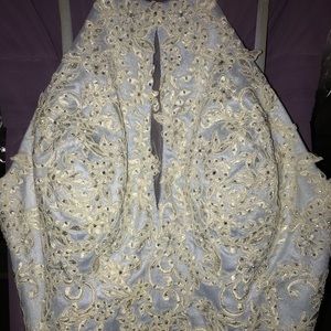 Long Baby Blue High Neck Floral Bust Prom Dress